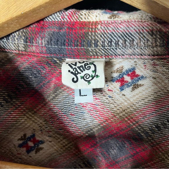 Ivy Jane Brown Burgundy Plaid Southwestern Balloon Sleeve Pearl Snap Shirt Sz L - Picture 2 of 12